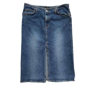 Y2K Stretchy Denim Midi Skirt with High Center Slit